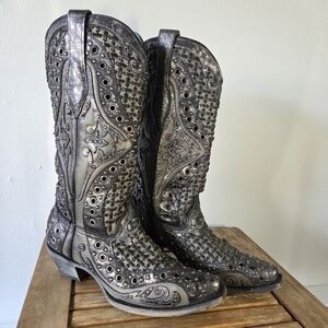 Corral Womens Studded Leather Western Boots Size 7 Gray Silver Cowboy Embelished